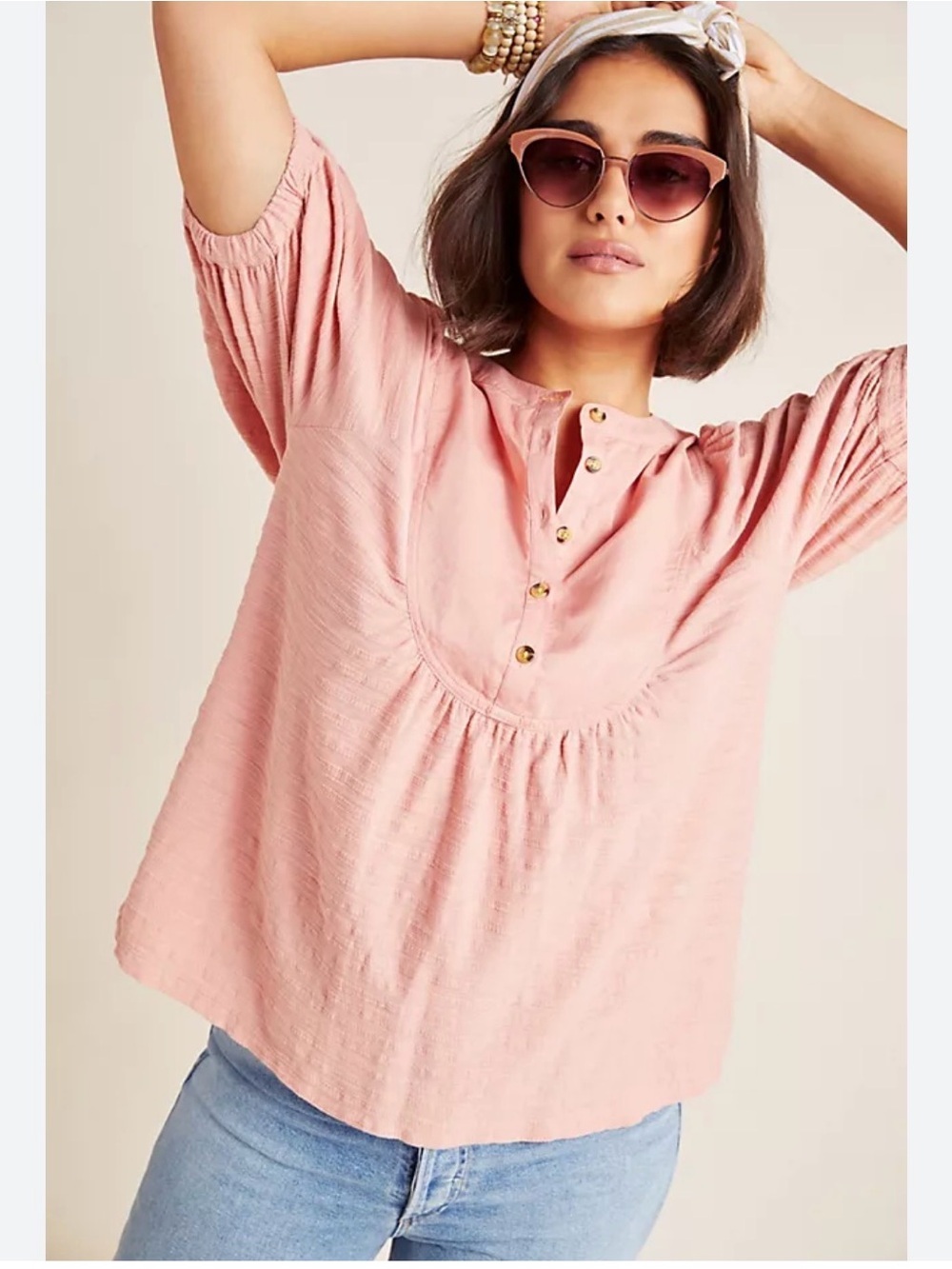 Anthropologie Blush Pink Button-Pleat Peasant Tunic XS